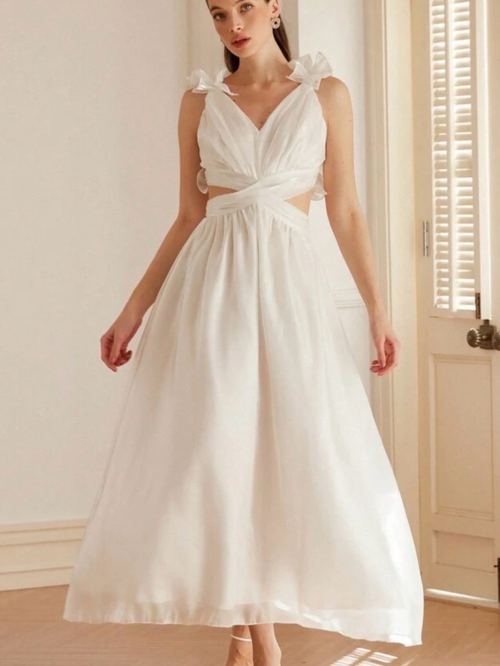 White Tie-Shoulder Cutout Maxi Dress